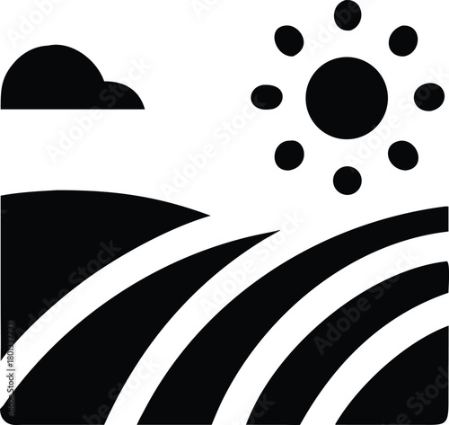 Isolated black glyph shows agricultural field under a cloud and shining sun