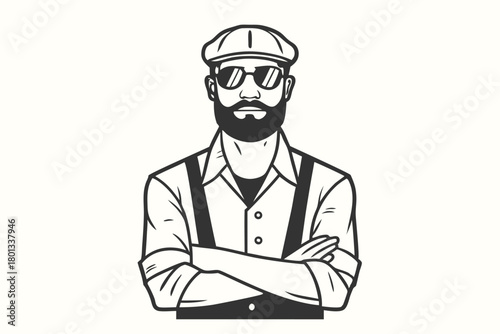 Bearded man with cap and sunglasses stands confidently with his arms crossed calmly