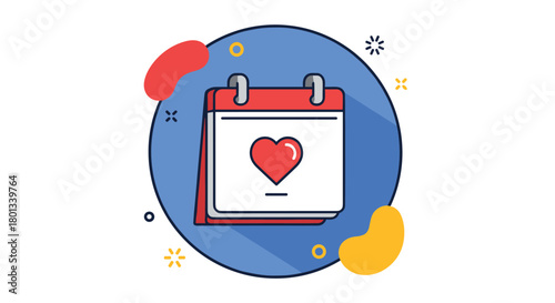 Flat design illustration of a calendar icon with a red heart, symbolizing love, anniversaries, romantic dates, or important events on a vibrant blue background.