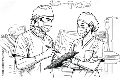 Surgeons discussing procedure in operating room, teamwork, medical professionals, hospital environment, sterile equipment, healthcare collaboration, surgical planning