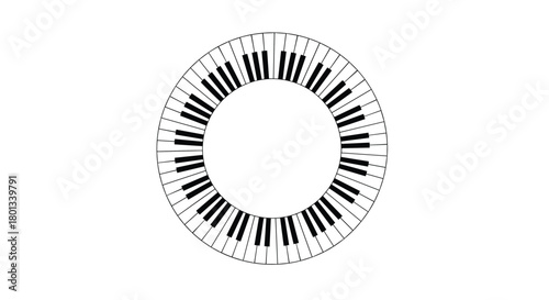 A stylized illustration showcasing a circular piano keyboard with individual black and white keys radiating outwards, symbolizing musical creativity and sound.