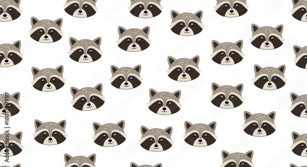 Fototapeta premium Cute cartoon raccoon faces with distinctive dark masks and light grey fur arranged in a seamless, repeating pattern on a clean white background.