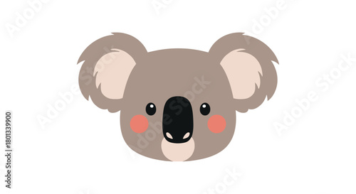 Adorable cartoon koala head with soft grey fur, pink cheeks, and a black nose, designed in a flat, friendly style.