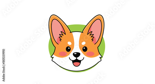 Adorable cartoon corgi dog head illustration with a cheerful expression, featuring orange and white fur against a vibrant green circular backdrop.