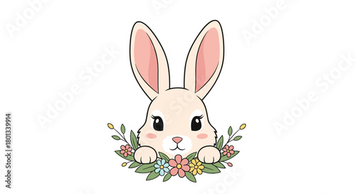 A charming cartoon illustration of a cute, light-colored bunny with long ears and pink cheeks, peeking out from a vibrant bouquet of spring flowers.