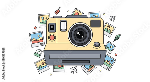 An illustration of a classic instant camera surrounded by various instant print photos, travel icons, and decorative elements.