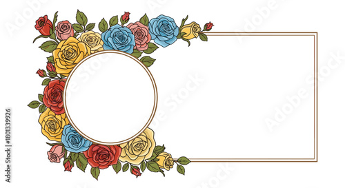 Vibrant floral frame illustration with a mix of colorful roses and green leaves, encircling a blank circle and framing a rectangle.