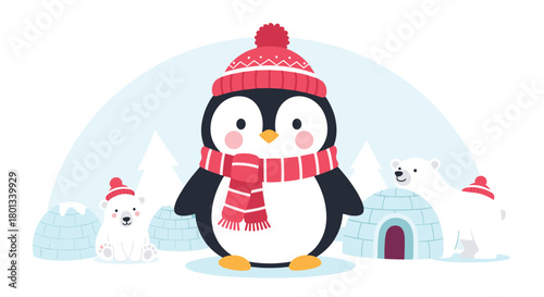 A cute penguin and two polar bears wearing winter hats and scarves stand in a snowy arctic landscape with igloos and pine trees.
