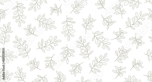 Seamless pattern of hand-drawn olive branches with leaves and berries, featuring a minimalist dashed line outline design on a white background.