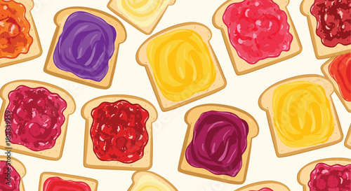 A vibrant seamless pattern of cartoon toast slices topped with various colorful fruit jams and sweet spreads, perfect for breakfast themes.