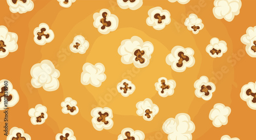 A fun and vibrant seamless pattern of fluffy white popcorn pieces scattered across a warm golden-orange background, perfect for snack-themed designs.