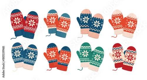 A cheerful collection of colorful knitted mittens with festive snowflake and geometric patterns, perfect for winter and holiday designs.