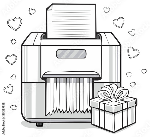 Paper Shredder Destroying Document Surrounded by Hearts with a Gift Box