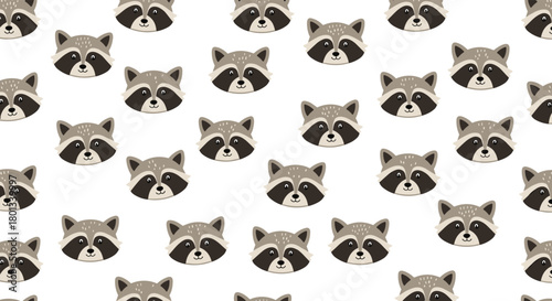Cute cartoon raccoon faces with distinctive dark masks and light grey fur arranged in a seamless, repeating pattern on a clean white background.