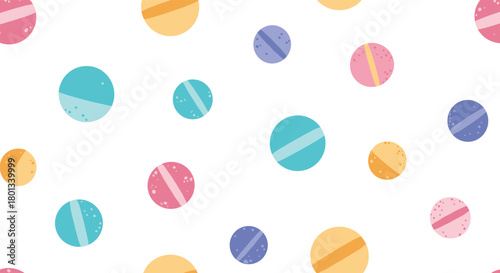 A cheerful, seamless pattern of colorful, textured round objects with stripes and speckles, resembling candies or pills, scattered on a white background.