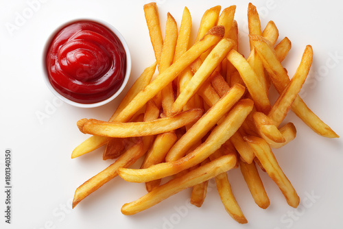Crispy Golden French Fries Served with Ketchup Isolated on White