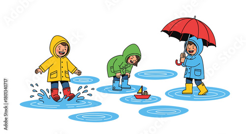 A cheerful illustration of three children in colorful raincoats and boots playing happily in puddles after the rain