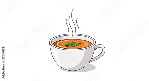 Minimalist Line Art Illustration of a Hot Beverage in a White Ceramic Cup with Steam and a Green Leaf Garnish, Symbolizing Warmth and Relaxation