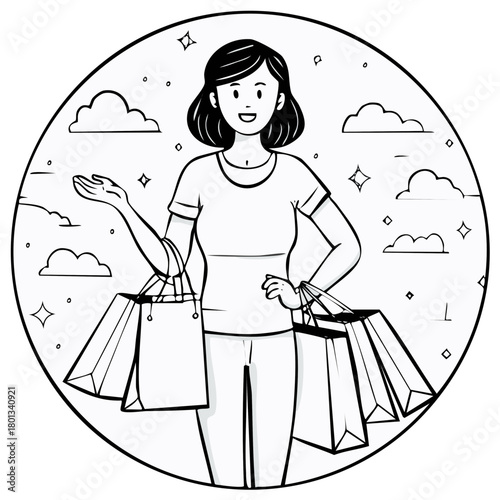 A happy young woman holds shopping bags in a black and white cartoon illustration