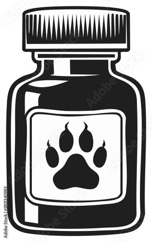 Simple vector illustration of a black pill bottle with a paw print label