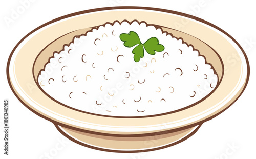 Rice bowl cartoon illustration topped with parsley garnish in vector format