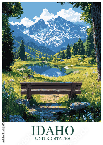 Peaceful Idaho mountain scene vector illustration of an alpine lake reflecting snow-capped peaks, surrounded by lush green meadow, pine forest, and featuring a foreground wooden bench.