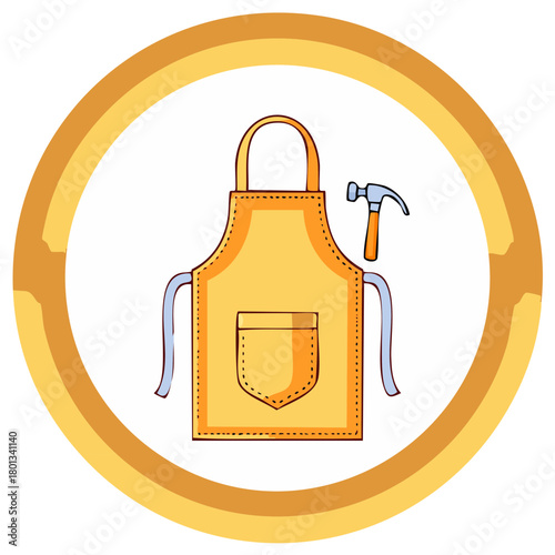 Yellow apron and hammer illustration with double yellow circle border