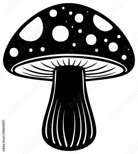 Stylized Amanita Mushroom Illustration with Spotted Cap, Simple Fungus Graphic in Black and White, Isolated