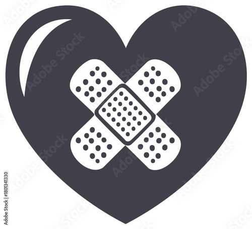 Dark grey heart symbol with white crossed adhesive bandages representing care and emotional healing icon