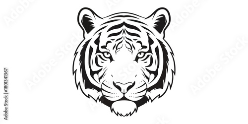 Monochromatic striking tiger head illustration, iconic big cat with intense gaze and bold stripes, perfect for design and branding