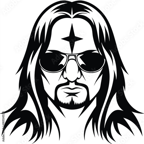 Bearded man with long hair and sunglasses features a forehead star tattoo