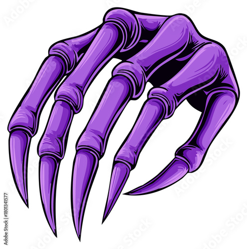Vibrant purple skeletal monster hand with long sharp claws eerie scary Halloween illustration