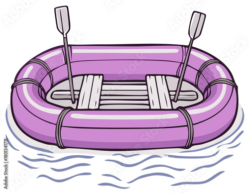 Cartoon inflatable raft on water, with oars, recreation and travel