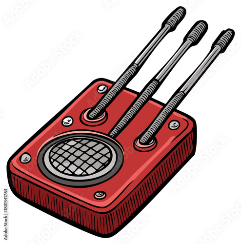 Retro Audio Receiver with Antennae and Grille Speaker in Red Casing Detailed Vector