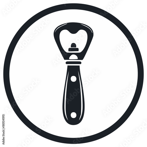 Dark silhouette style bottle opener with handle inside a black circle to create a modern stylish icon ideal for logo design