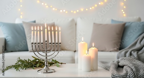 Photo of a menorah with lit candles stands on a table, adorned with greenery, with a couch and decorative lights in the background, creating a warm and festive atmosphere for hanukkah