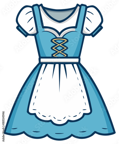 Traditional blue Bavarian dirndl dress with a white apron, cartoon vector illustration for Oktoberfest.