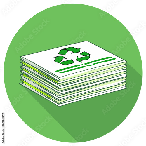 Stack of Recycled Paper with Green Symbol in Flat Design Style Icon