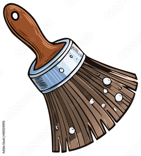 Isolated cartoon paintbrush illustration with a brown wooden handle and wet bristles