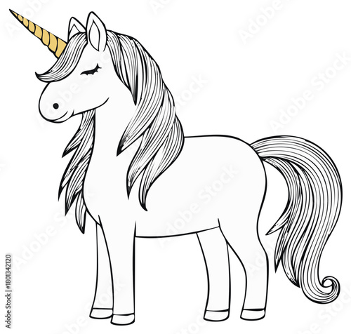 Elegant Unicorn Illustration with Golden Horn, Flowing Mane and Tail, Outline Art for Magical Creatures