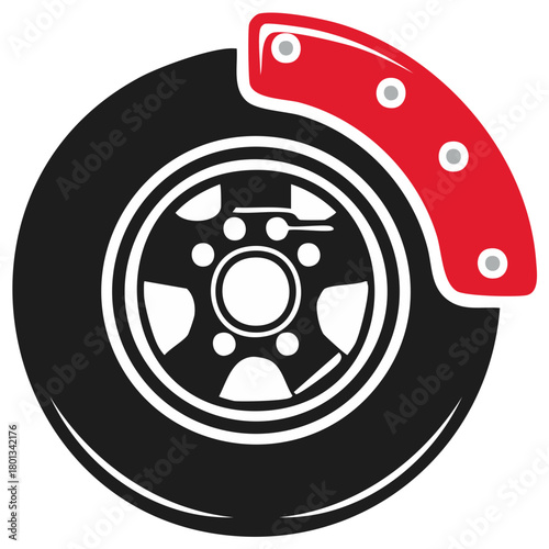 Automotive wheel and tire with a red brake caliper prominently displayed