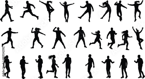 Silhouette, people, dynamic, poses, running, jumping, dancing, motion, action, fitness, exercise, movement, activity, lifestyle, energy, performance, gesture, balance