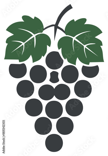 Iconographic graphic of a bunch of grapes with leaves for food, winery or restaurant themes and applications in vector format