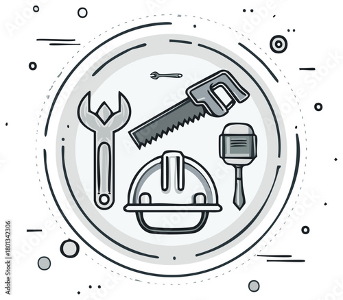 Construction repair tools and safety helmet inside circle icon Handyman and builder equipment concept