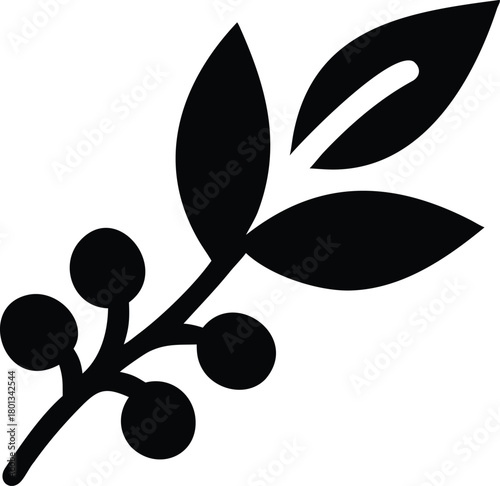 Olive branch sprig icon shows elegant leaves and olives in simplistic black silhouette