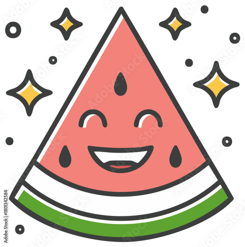 Cute cartoon watermelon slice character with a happy smiling face and sparkles