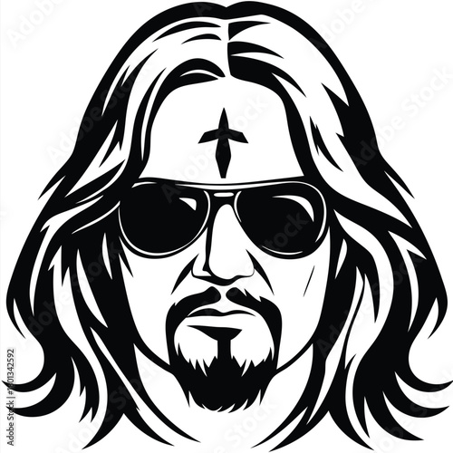 Bearded man wearing sunglasses with long hair exhibits cross forehead tattoo in monotone