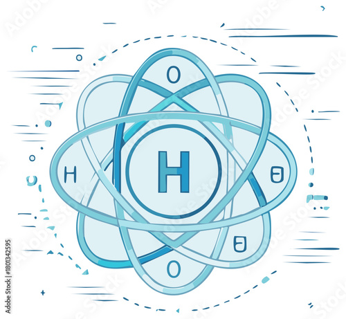 Blue Stylized Atom or Molecule Model with H and O Letters for Chemistry and Science Education