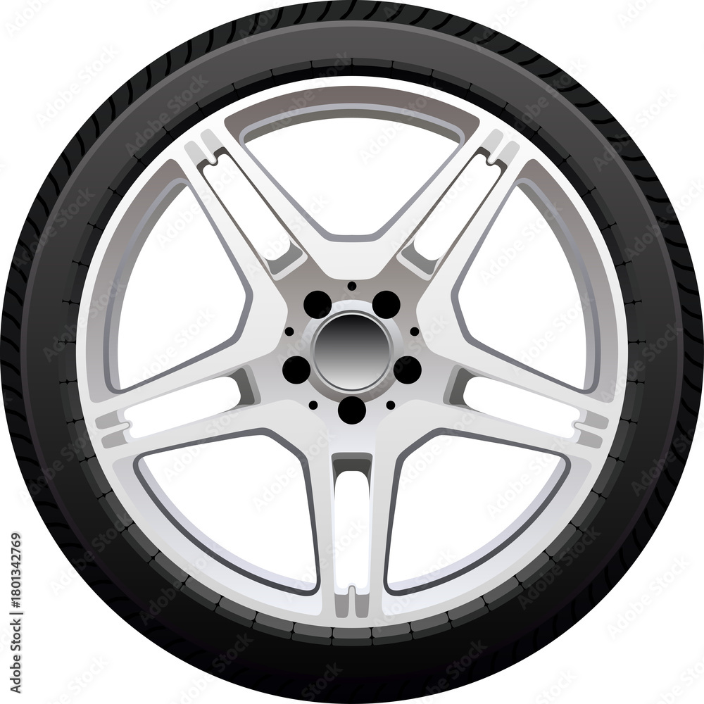 Fototapeta premium Realistic Silver Five Spoke Alloy Wheel With Black Rubber Tire On Transparent Background With Subtle Shading