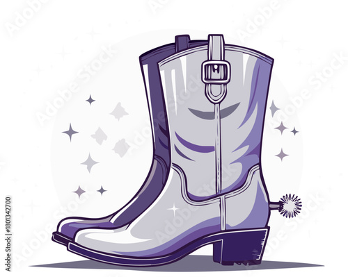 Stylish vector illustration of shiny purple cowboy boots with spurs and sparkles.